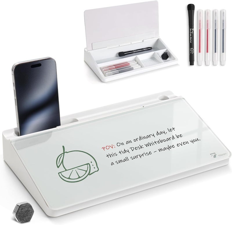 TOWON Small Compact Glass Desktop Whiteboard with Storage – 12 x 7 in Dry Erase Board for Desk, Home Office, School | Includes 5 Markers, Eraser & Holder | Space-Saving Organizer, Aesthetic White - Image 1